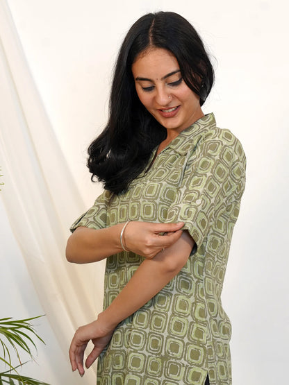 Russian Green Block Printed Shirt Collar COTTON Kurta