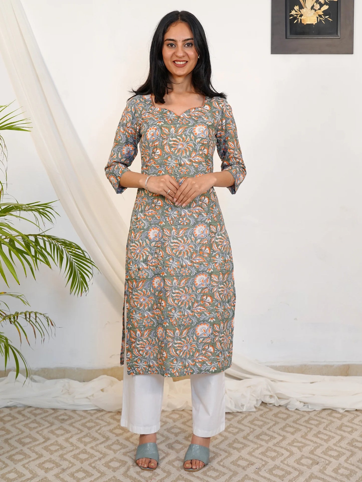 Russian Green Floral Block Printed COTTON Kurta