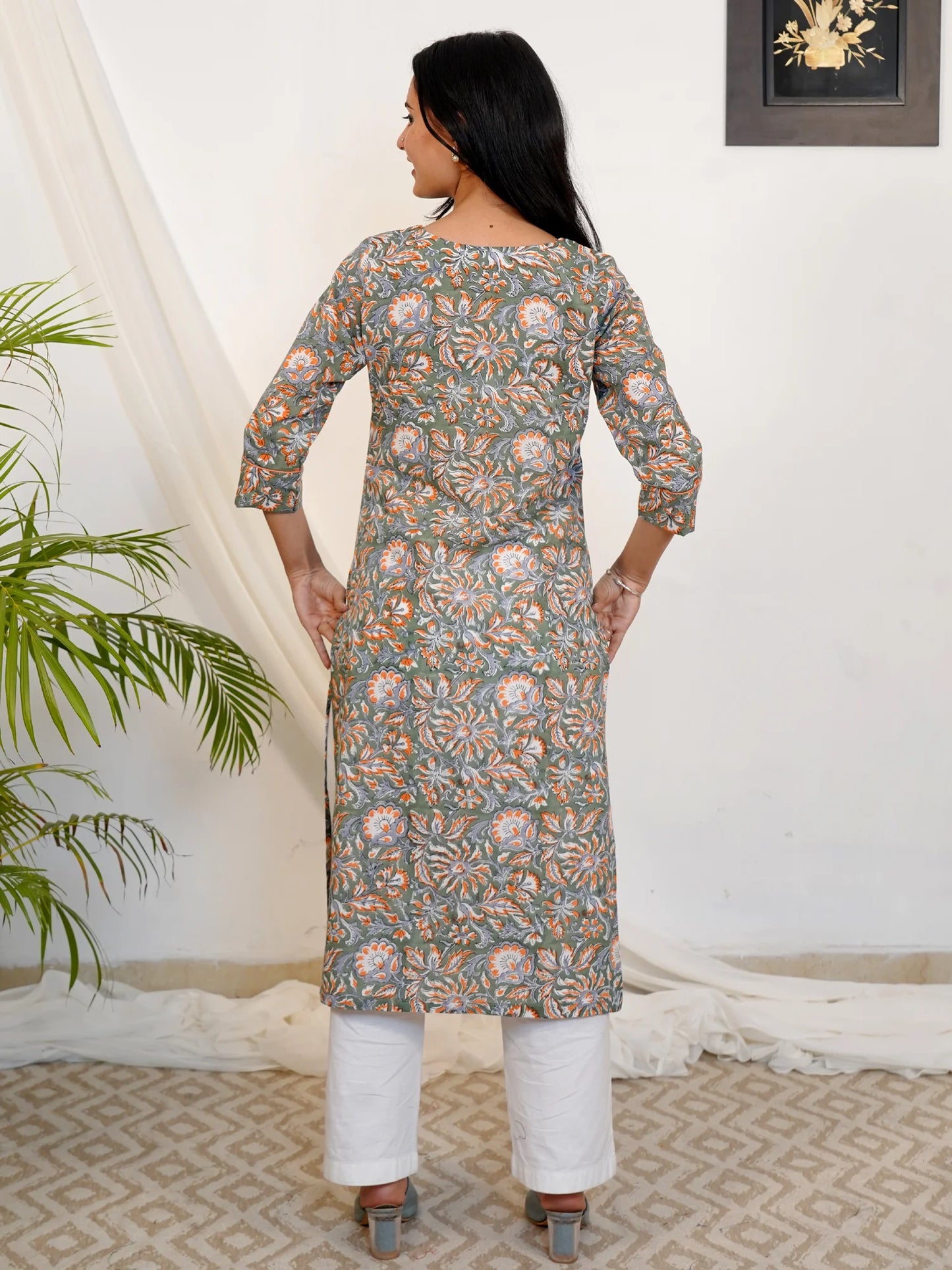 Russian Green Floral Block Printed COTTON Kurta