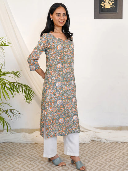 Russian Green Floral Block Printed COTTON Kurta