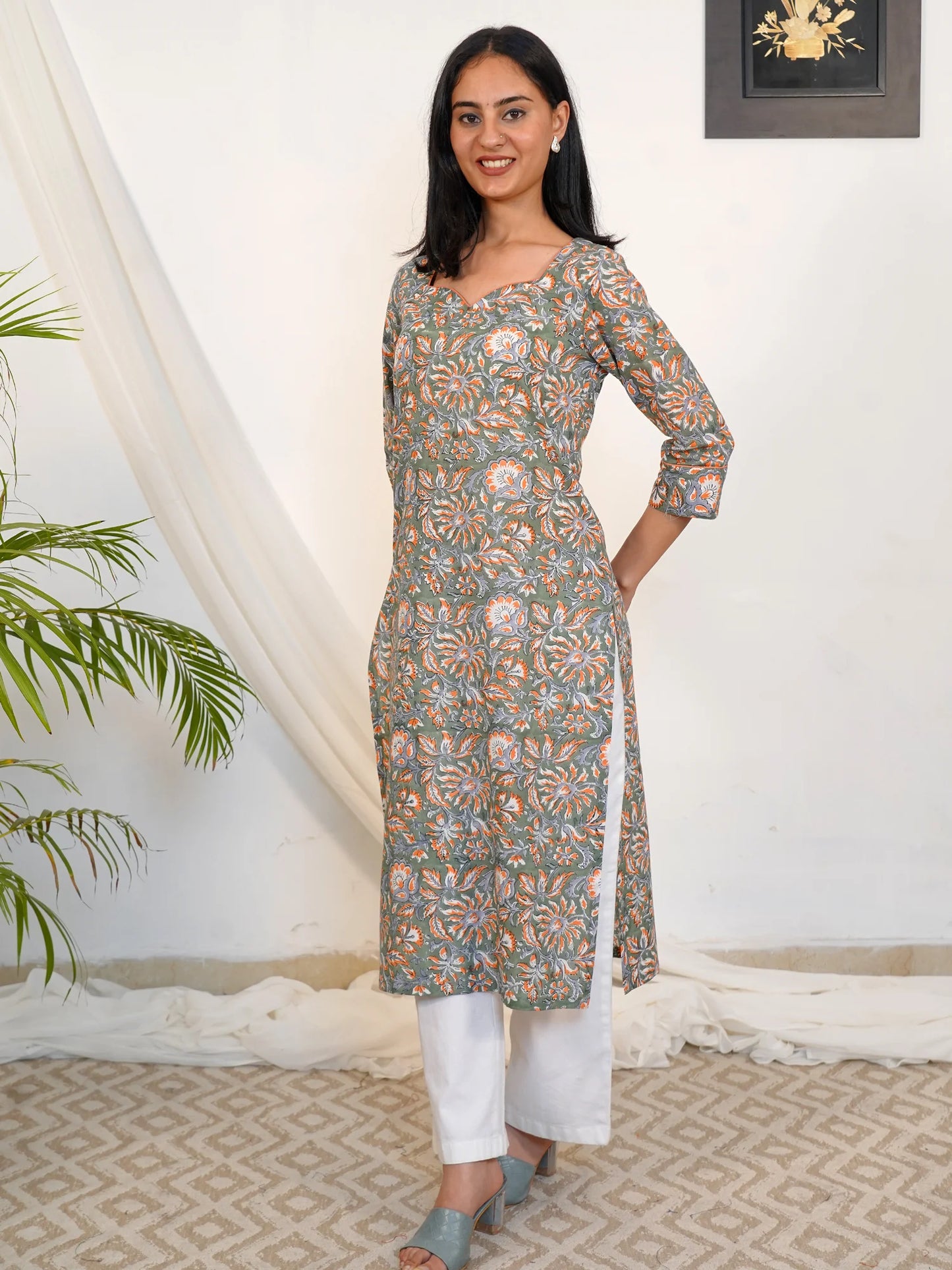 Russian Green Floral Block Printed COTTON Kurta