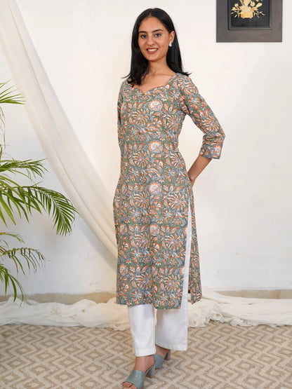Russian Green Floral Block Printed COTTON Kurta