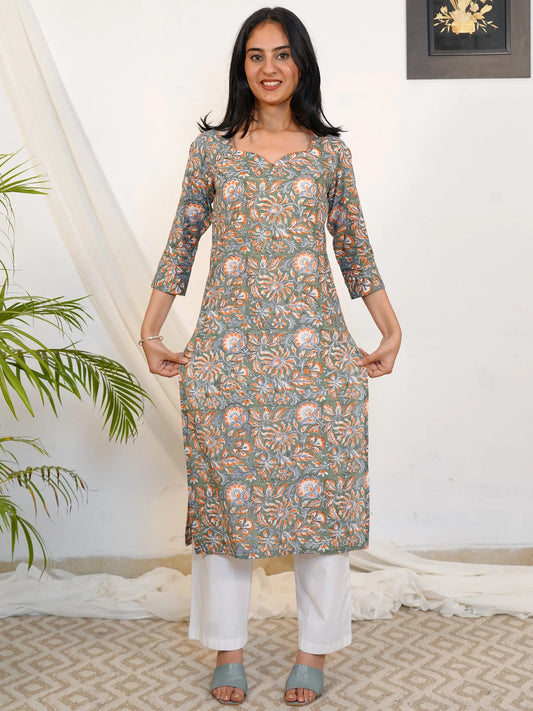 Russian Green Floral Block Printed COTTON Kurta
