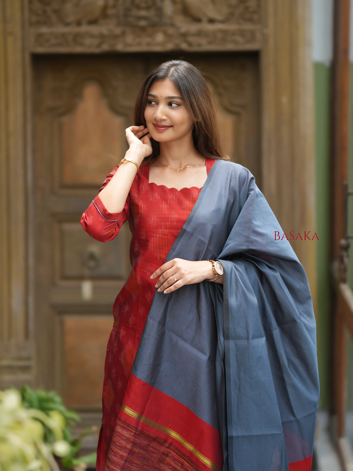Rustic Orange Ikkat Suit Set (3pcs.) with lining