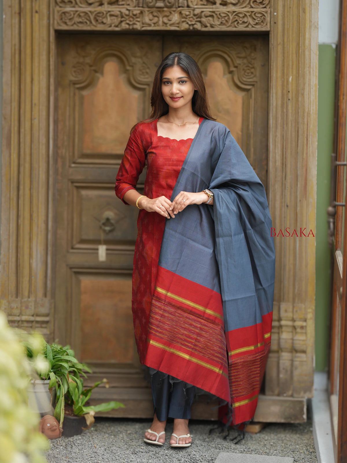 Rustic Orange Ikkat Suit Set (3pcs.) with lining