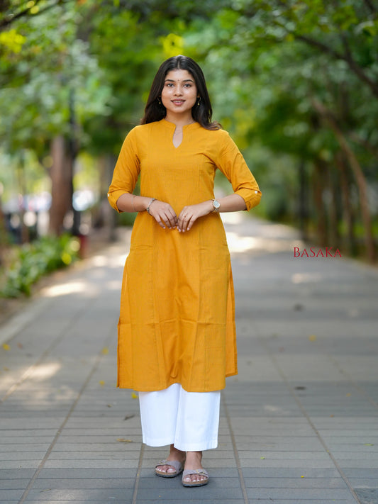 Saffron Yellow A-Line Handloom South Cotton Kurta