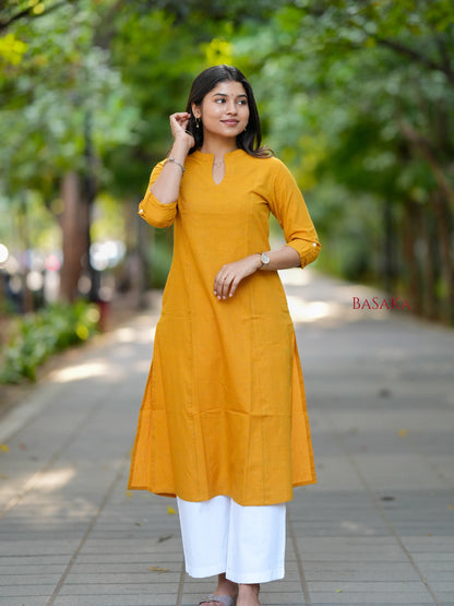 Saffron Yellow A-Line Handloom South Cotton Kurta