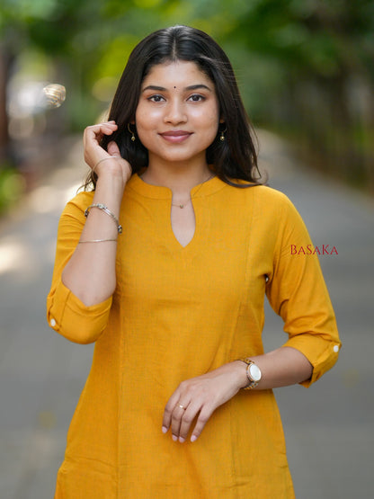 Saffron Yellow A-Line Handloom South Cotton Kurta