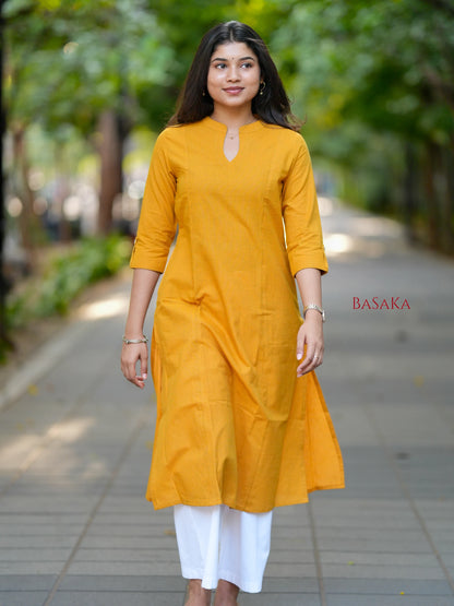 Saffron Yellow A-Line Handloom South Cotton Kurta