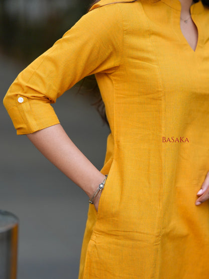 Saffron Yellow A-Line Handloom South Cotton Kurta