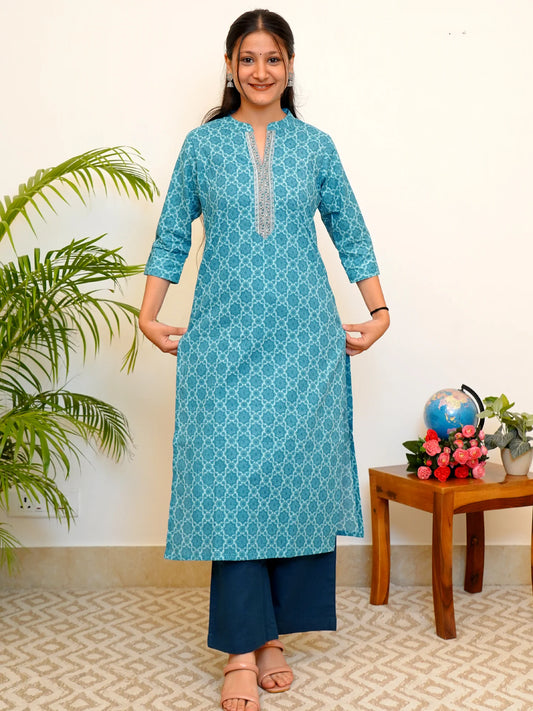 Sea Blue Floral COTTON Collar Kurta