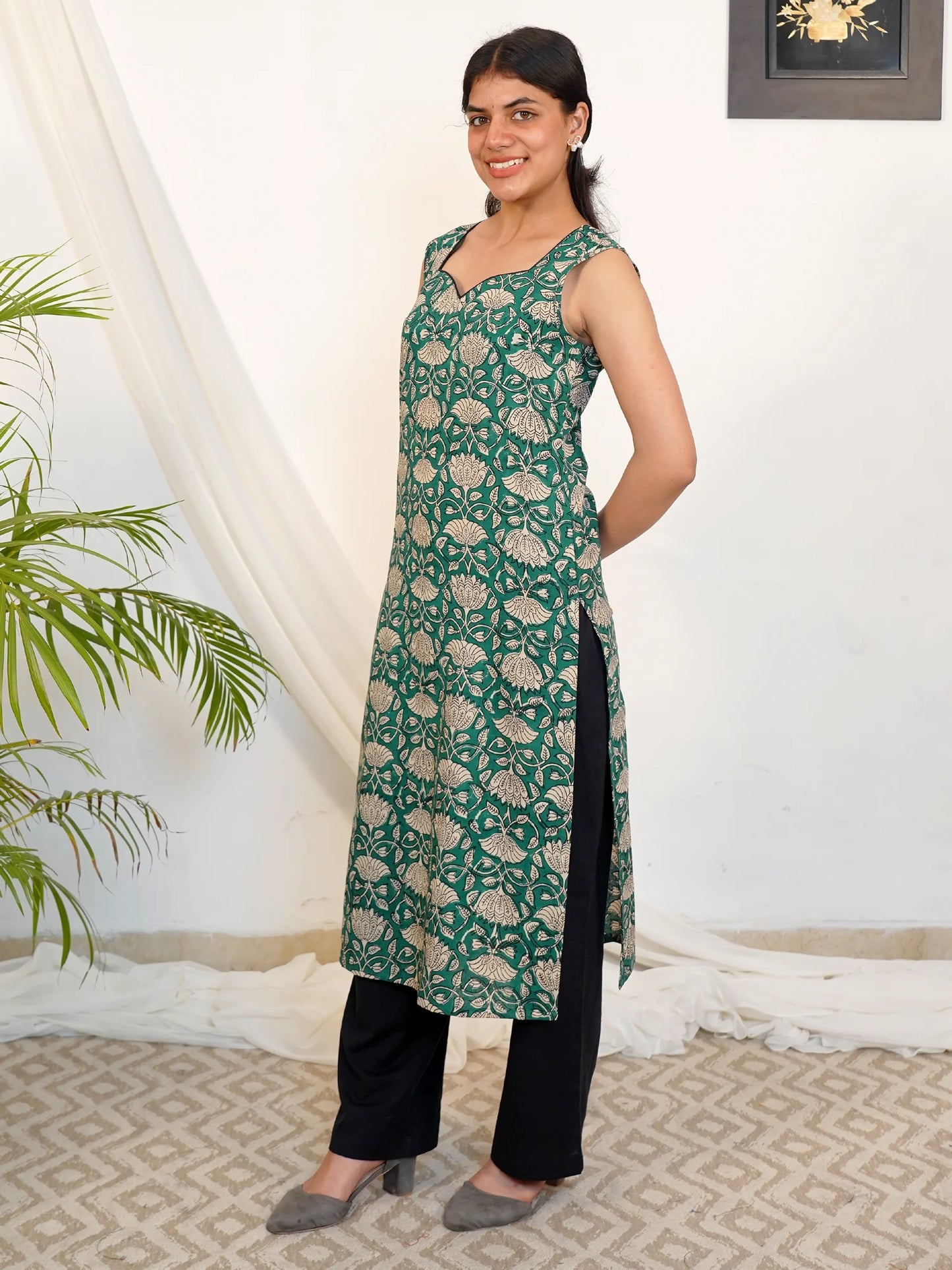 Sea Green Floral Sleeveless COTTON Kurta