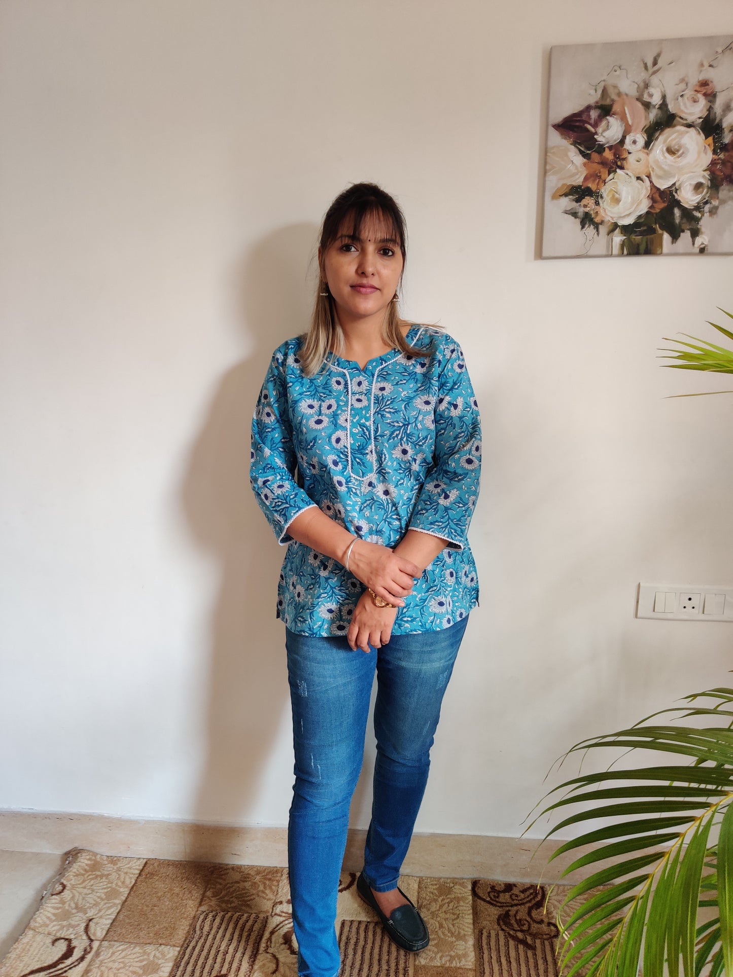 Sea Blue Floral Hand Block Printed Kurti