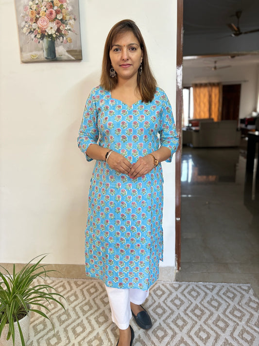 Sky Blue Hand Block Printed Cotton Straight Kurta