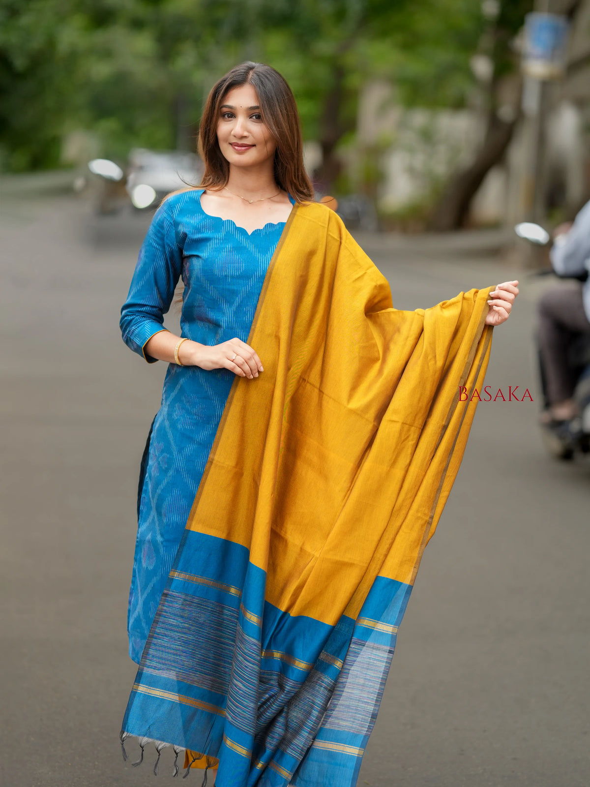 Sky Blue Ikkat Suit Set (3pcs.) with lining