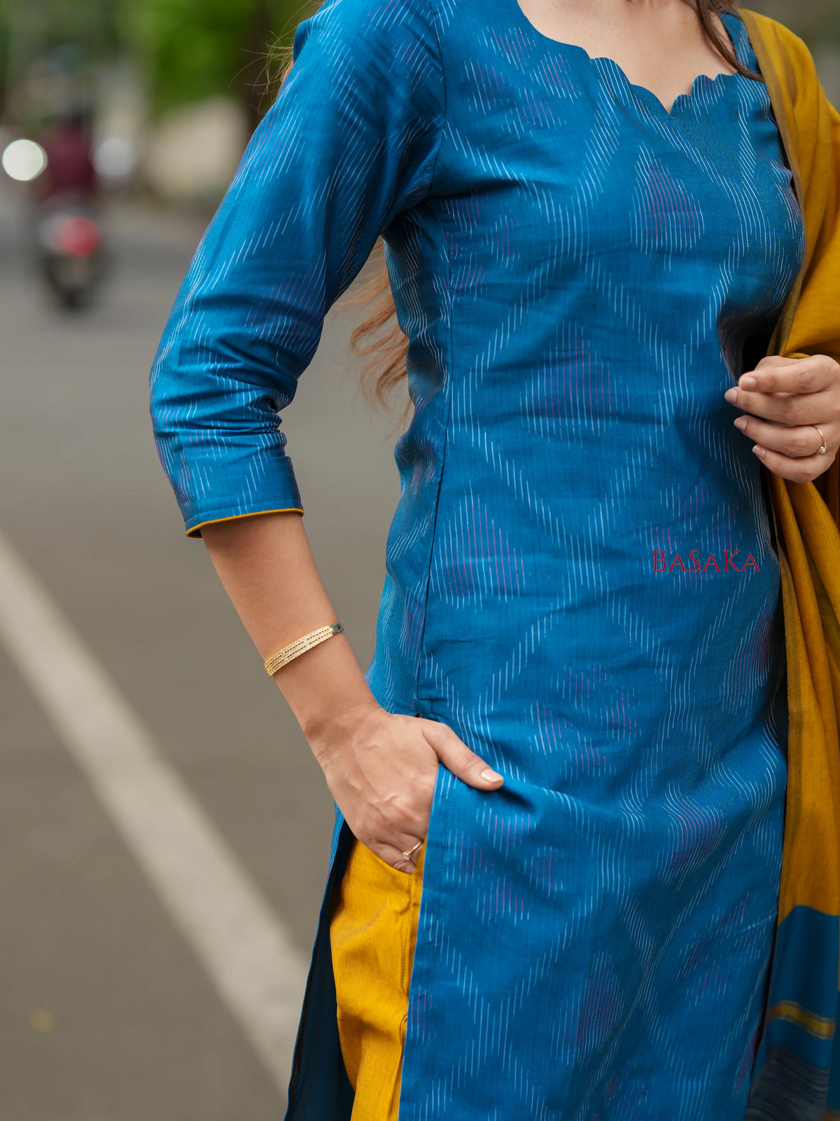 Sky Blue Ikkat Suit Set (3pcs.) with lining