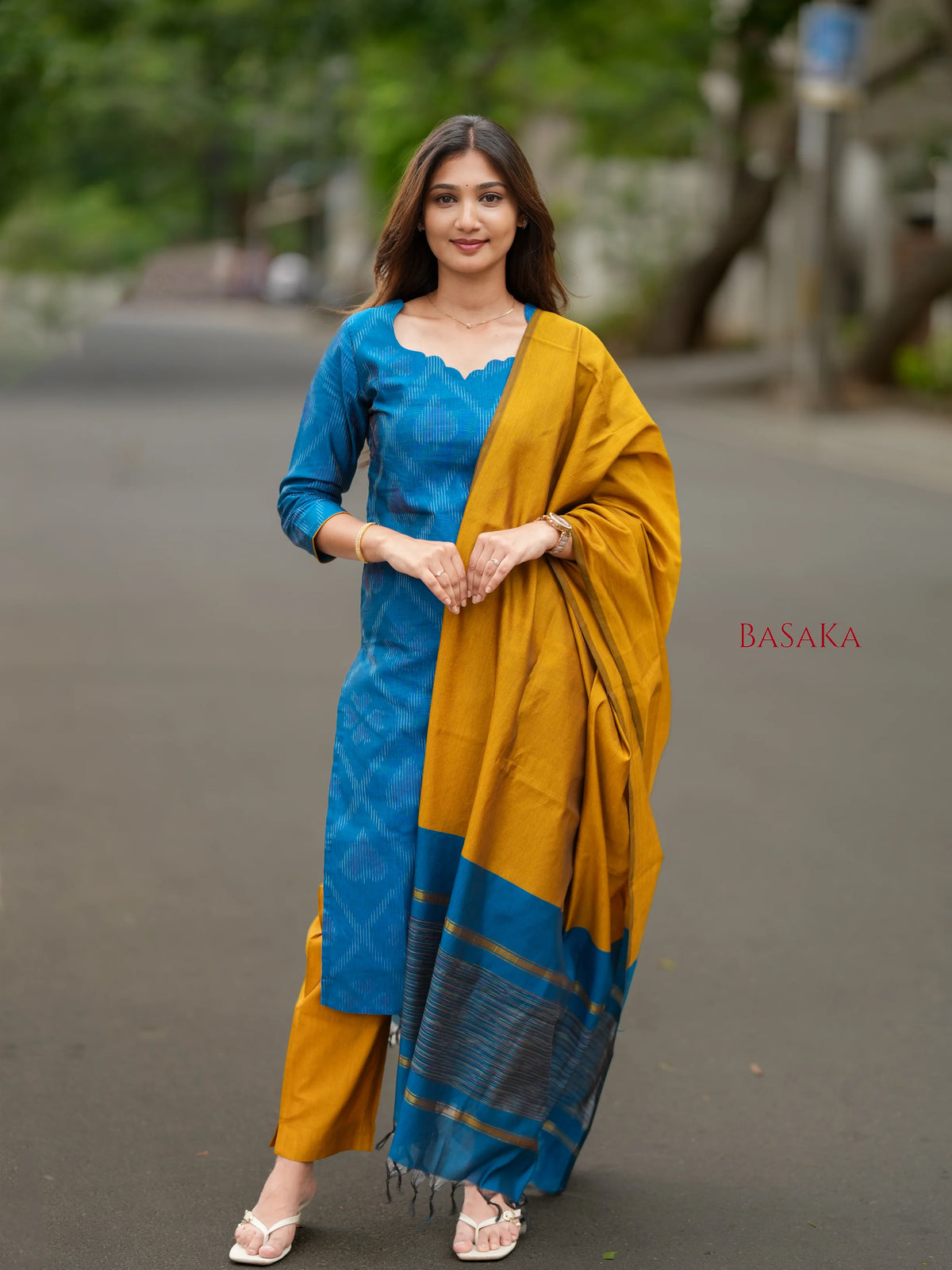Sky Blue Ikkat Suit Set (3pcs.) with lining