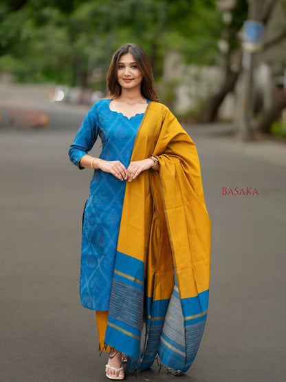 Sky Blue Ikkat Suit Set (3pcs.) with lining