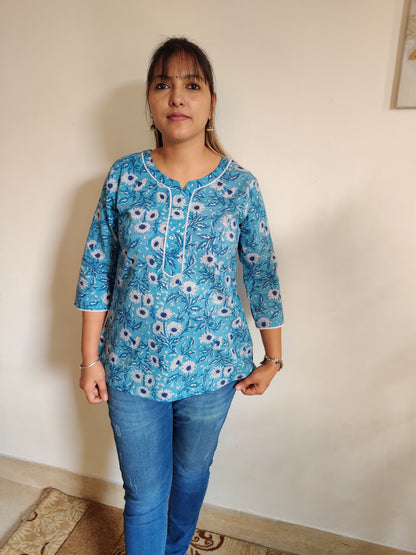 Sea Blue Floral Hand Block Printed Kurti