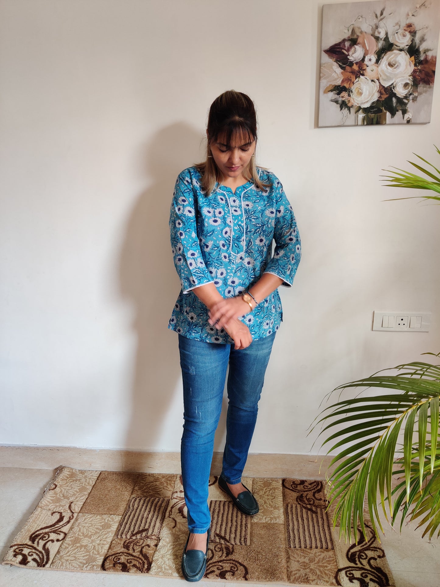 Sea Blue Floral Hand Block Printed Kurti