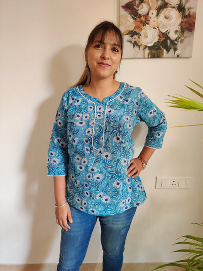 Sea Blue Floral Hand Block Printed Kurti