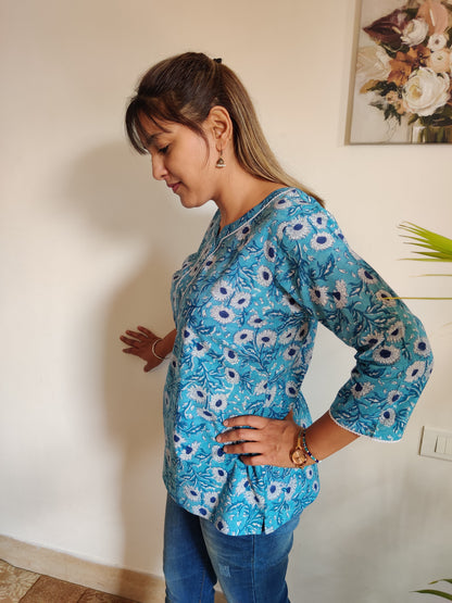 Sea Blue Floral Hand Block Printed Kurti