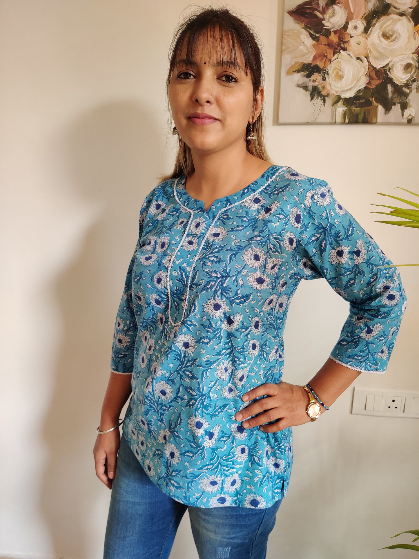 Sea Blue Floral Hand Block Printed Kurti