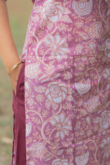 Soft Pink Floral Block Printed cotton Kurta