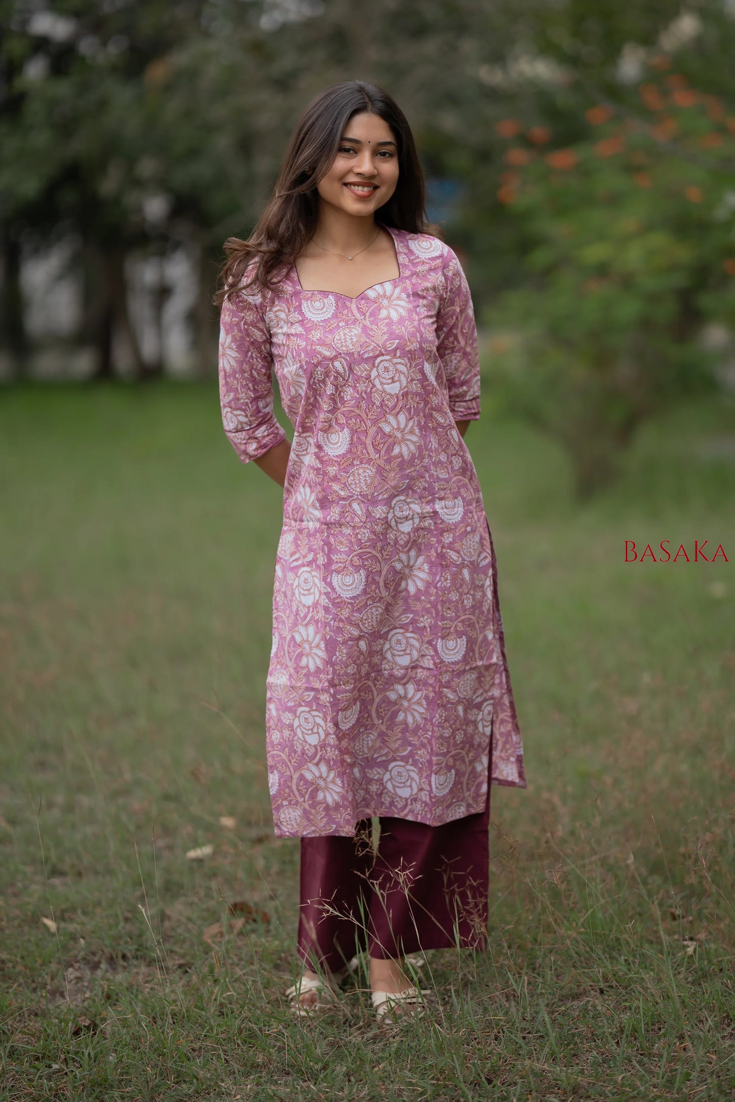 Soft Pink Floral Block Printed cotton Kurta