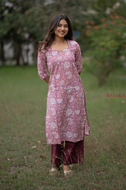 Soft Pink Floral Block Printed cotton Kurta