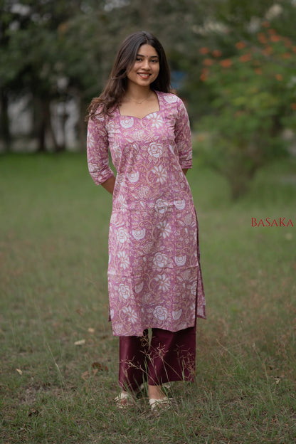 Soft Pink Floral Block Printed cotton Kurta