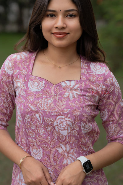 Soft Pink Floral Block Printed cotton Kurta