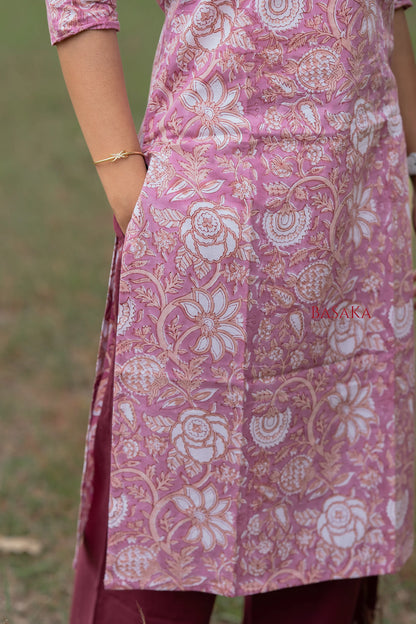 Soft Pink Floral Block Printed cotton Kurta