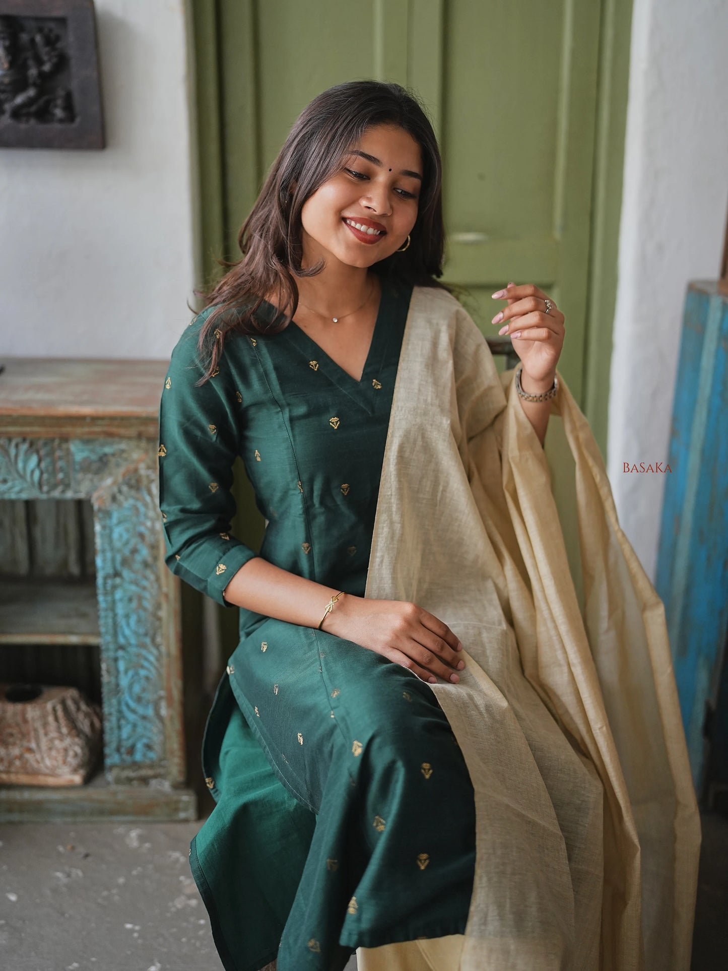 Soft Raw Silk Bottle Green Aline Kurta Set (3 Pcs.) with Lining