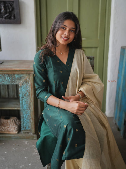 Soft Raw Silk Bottle Green Aline Kurta Set (3 Pcs.) with Lining