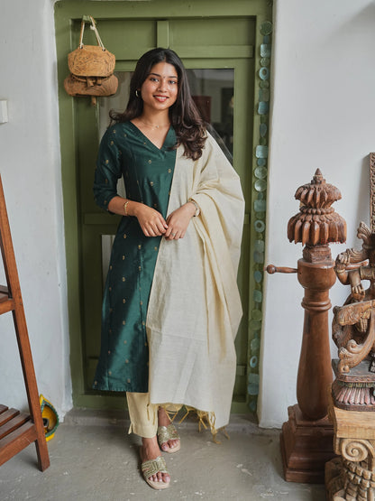 Soft Raw Silk Bottle Green Aline Kurta Set (3 Pcs.) with Lining