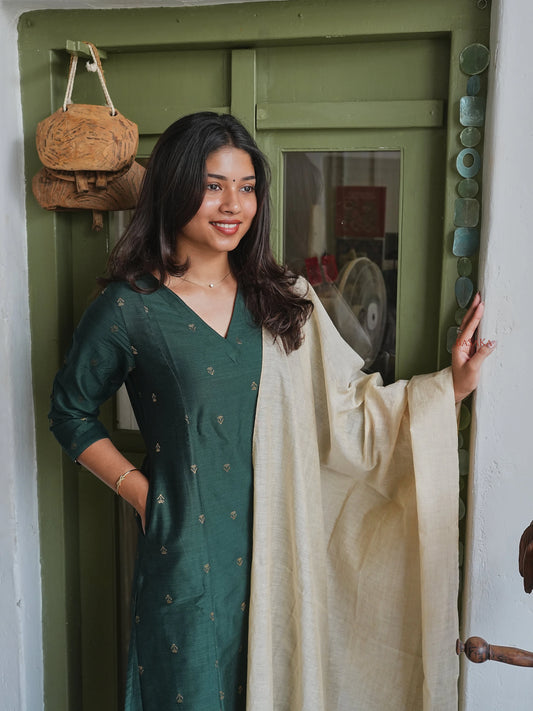 Soft Raw Silk Bottle Green Aline Kurta Set (3 Pcs.) with Lining