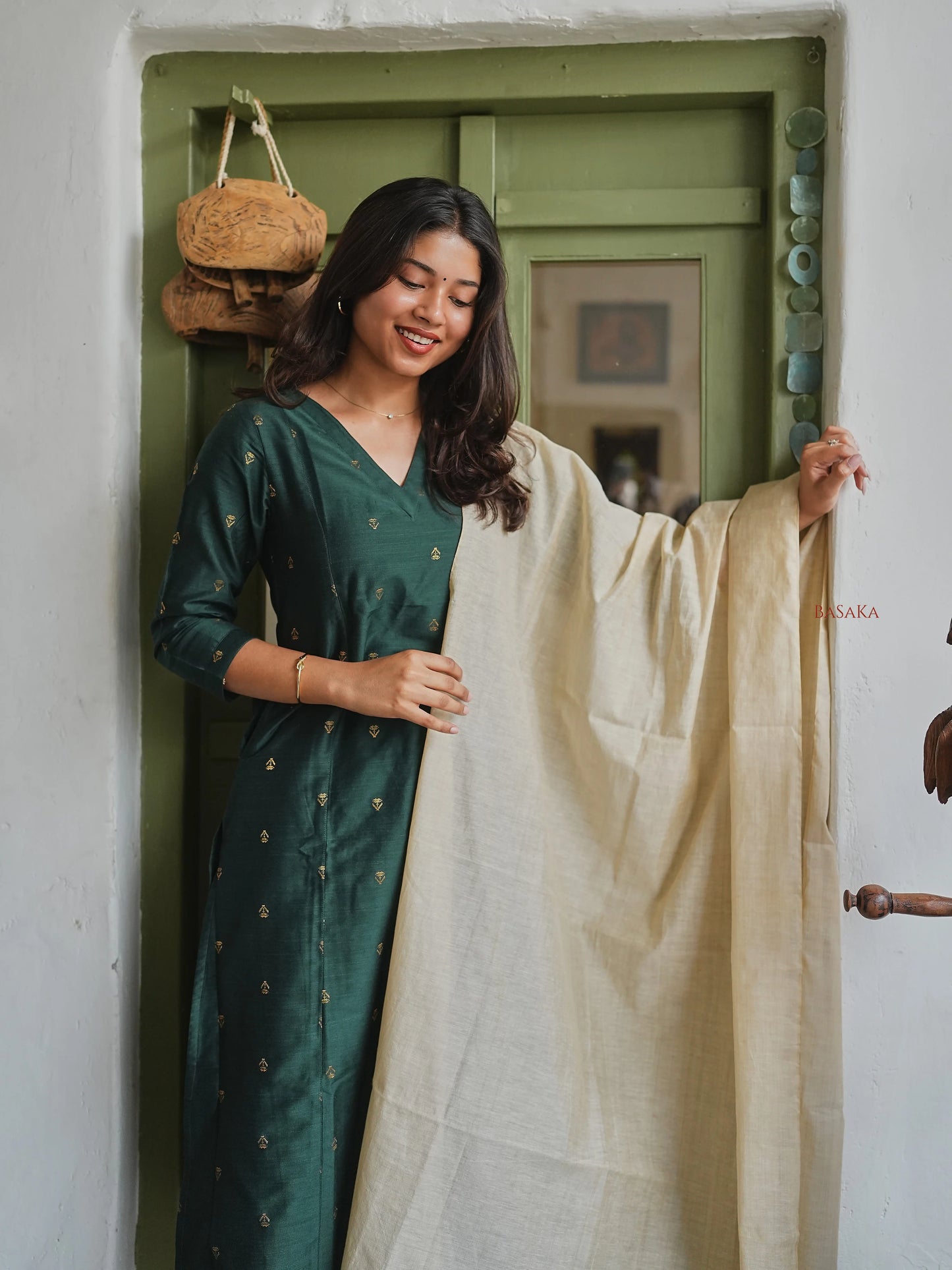 Soft Raw Silk Bottle Green Aline Kurta Set (3 Pcs.) with Lining