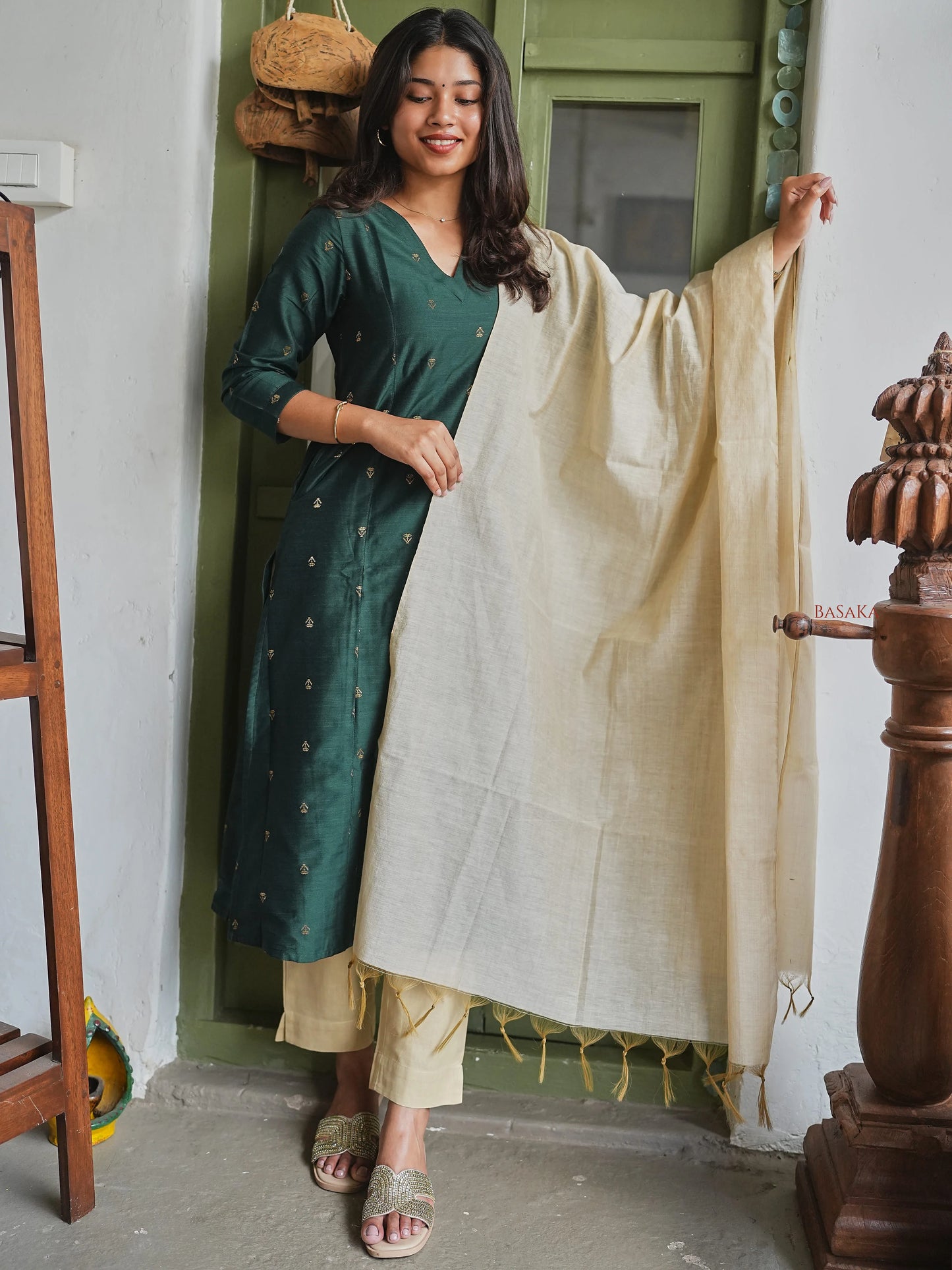 Soft Raw Silk Bottle Green Aline Kurta Set (3 Pcs.) with Lining