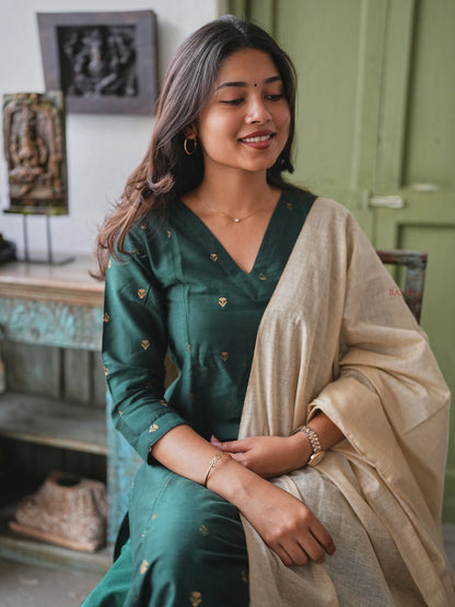 Soft Raw Silk Bottle Green Aline Kurta Set (3 Pcs.) with Lining