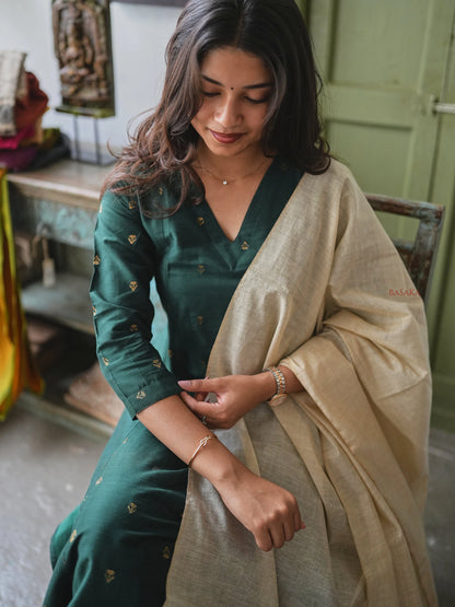 Soft Raw Silk Bottle Green Aline Kurta Set (3 Pcs.) with Lining