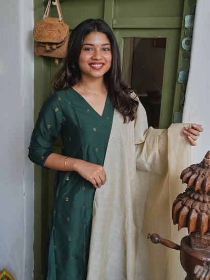 Soft Raw Silk Bottle Green Aline Kurta Set (3 Pcs.) with Lining