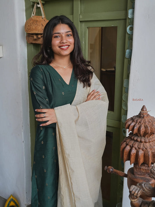 Soft Raw Silk Bottle Green Aline Kurta Set (3 Pcs.) with Lining