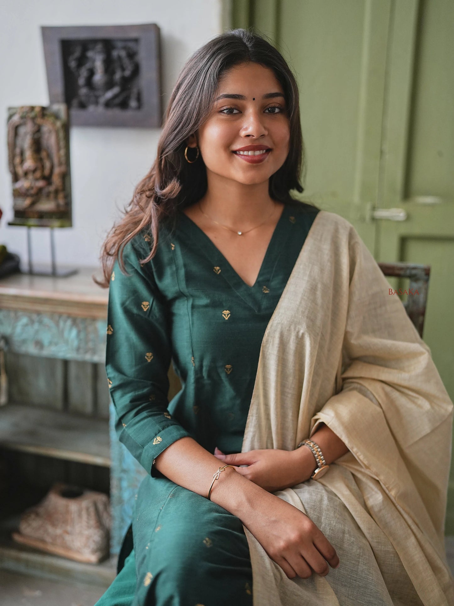 Soft Raw Silk Bottle Green Aline Kurta Set (3 Pcs.) with Lining