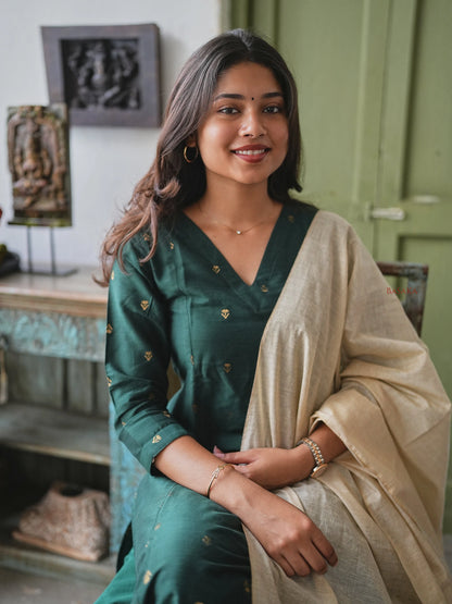 Soft Raw Silk Bottle Green Aline Kurta Set (3 Pcs.) with Lining