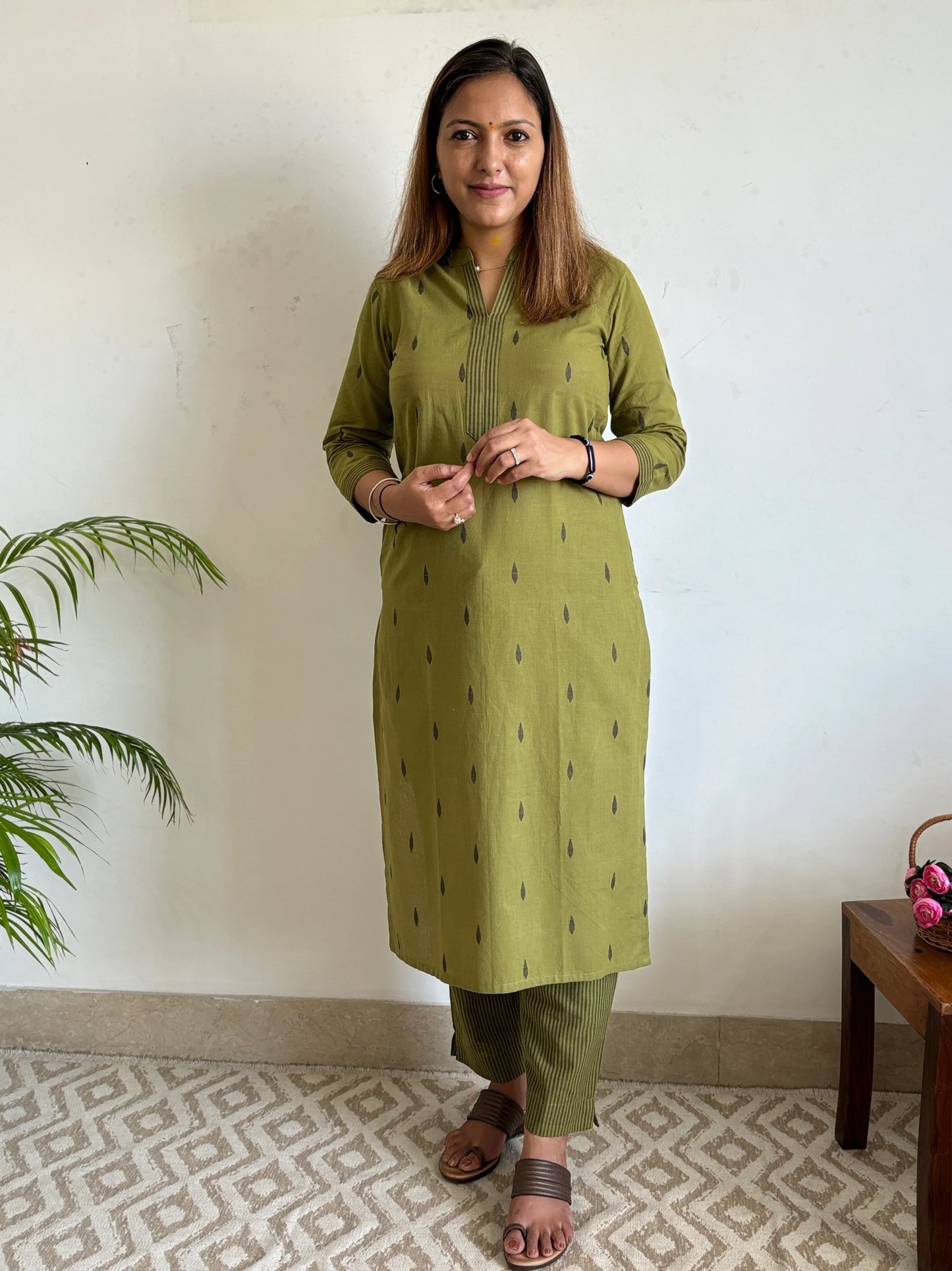 South Cotton Bottle Green Collar Kurta and Pant Set