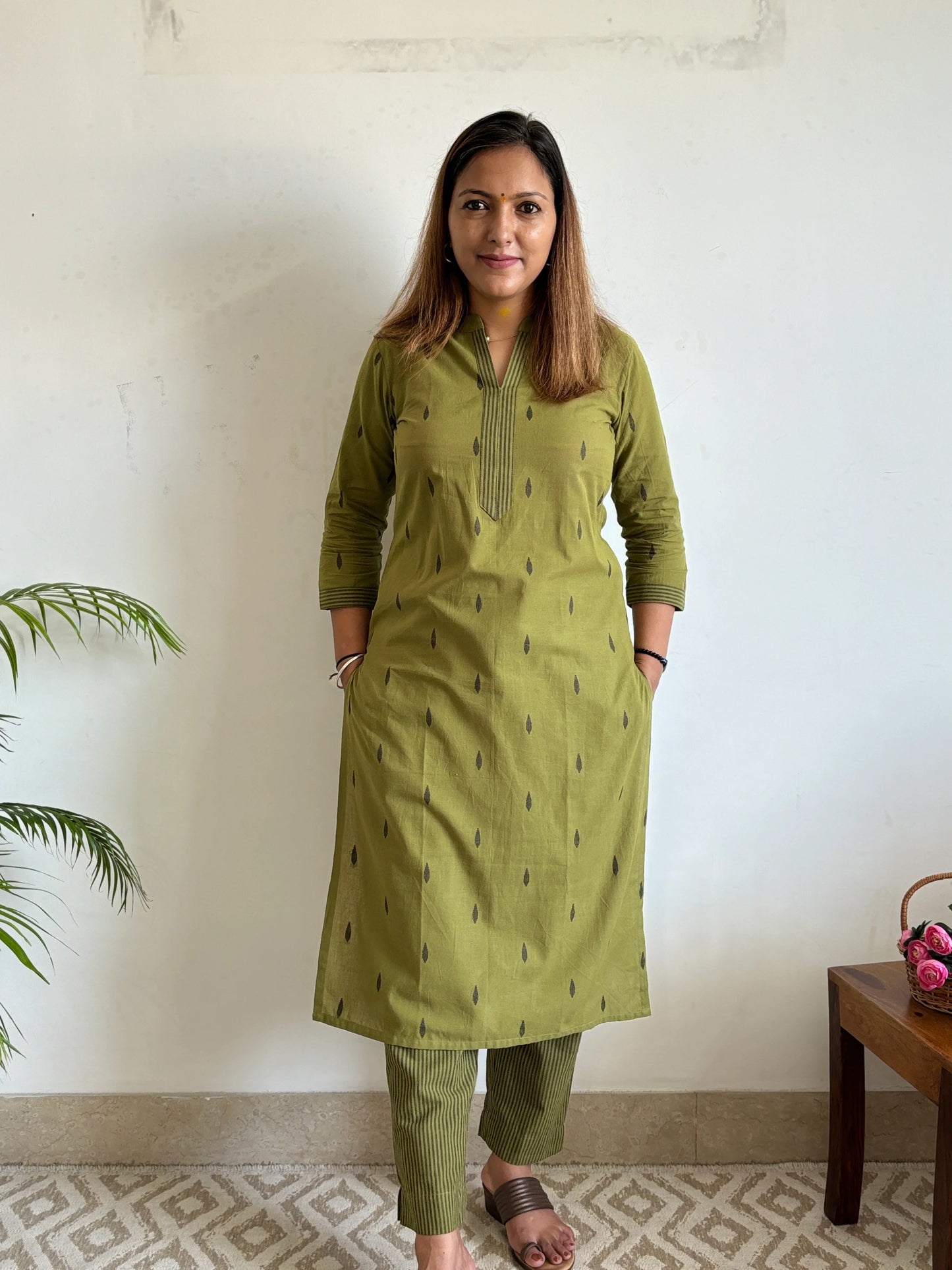 South Cotton Bottle Green Collar Kurta and Pant Set