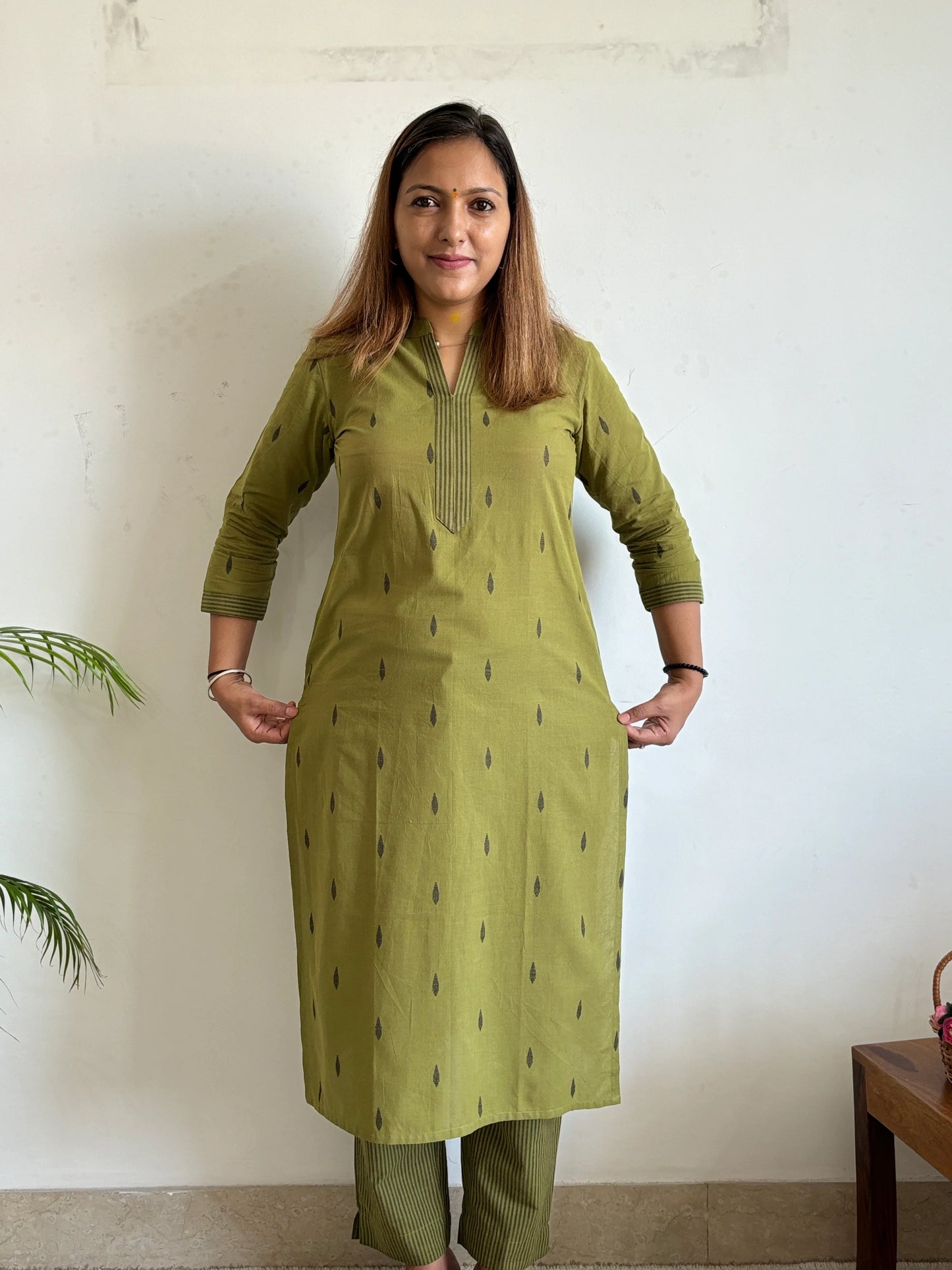 South Cotton Bottle Green Collar Kurta and Pant Set