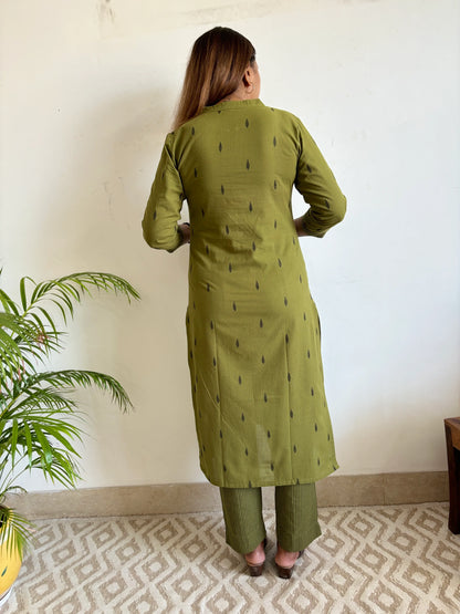 South Cotton Bottle Green Collar Kurta and Pant Set