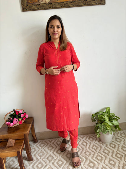 South Cotton Orange Red Collar Kurta and Pant Set